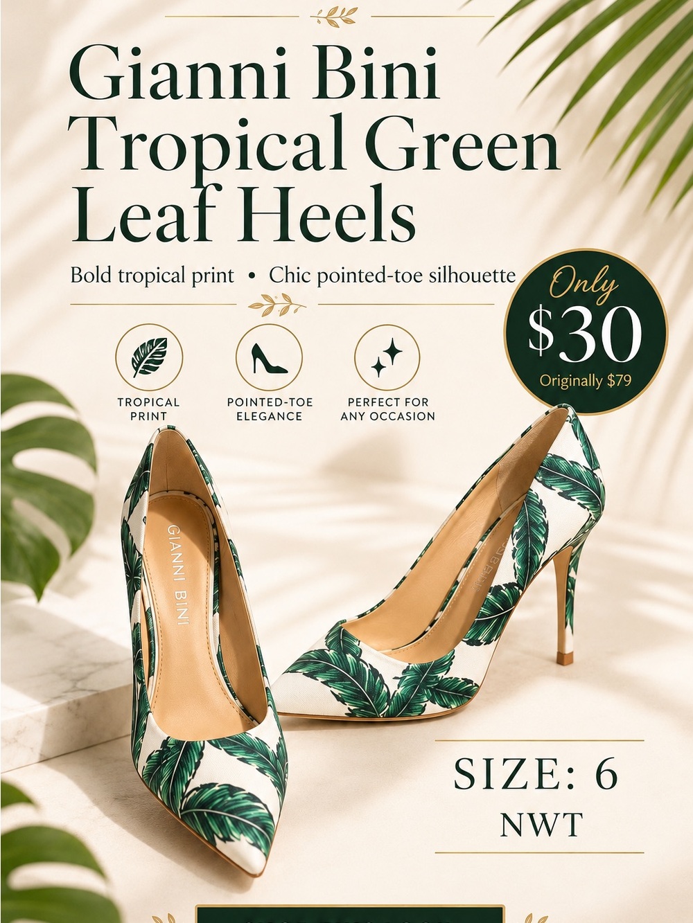 Gianni Bini Tropical Green Leaf Pointed-Toe Heels